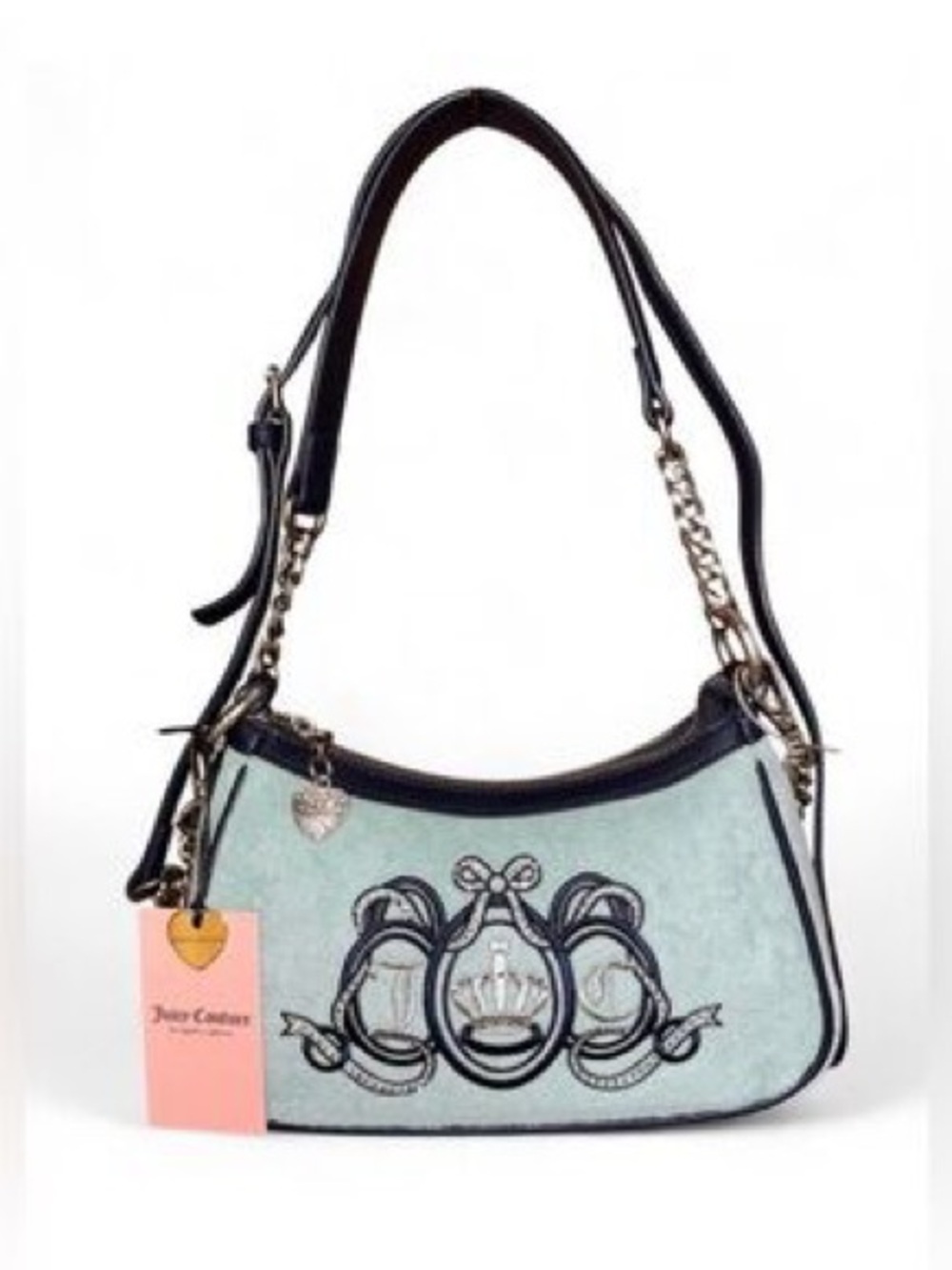 Juicy Couture Y2K Velour Crest Shoulder & Crossbody Bag Rhinestone Heart Charm
